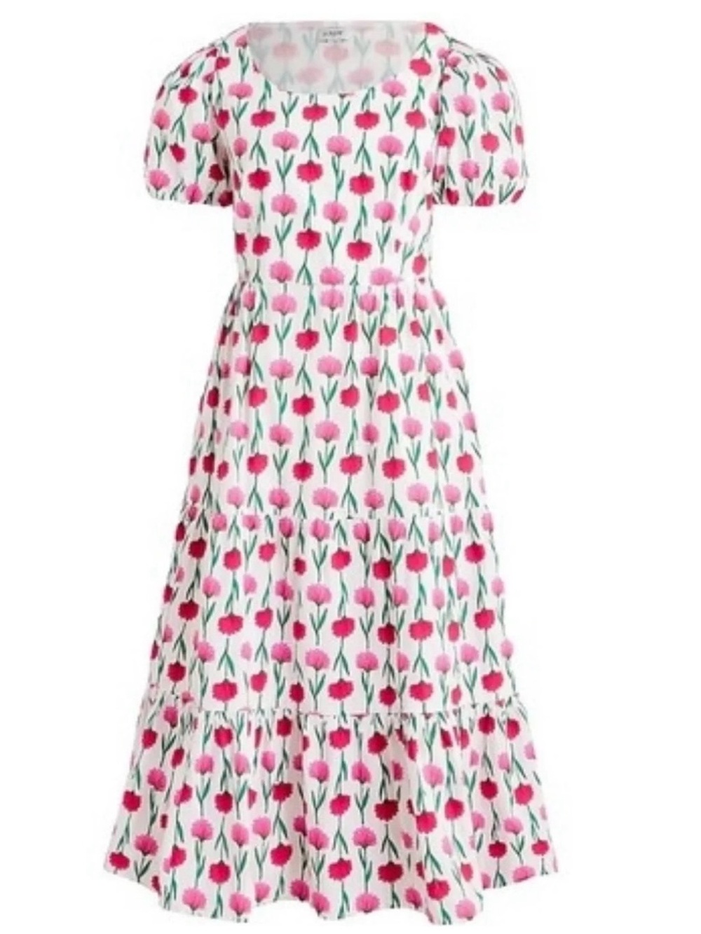 J.Crew Floral Puff Sleeve Tiered Midi-Dress • Scoop Neck Size 14 • Pink/White